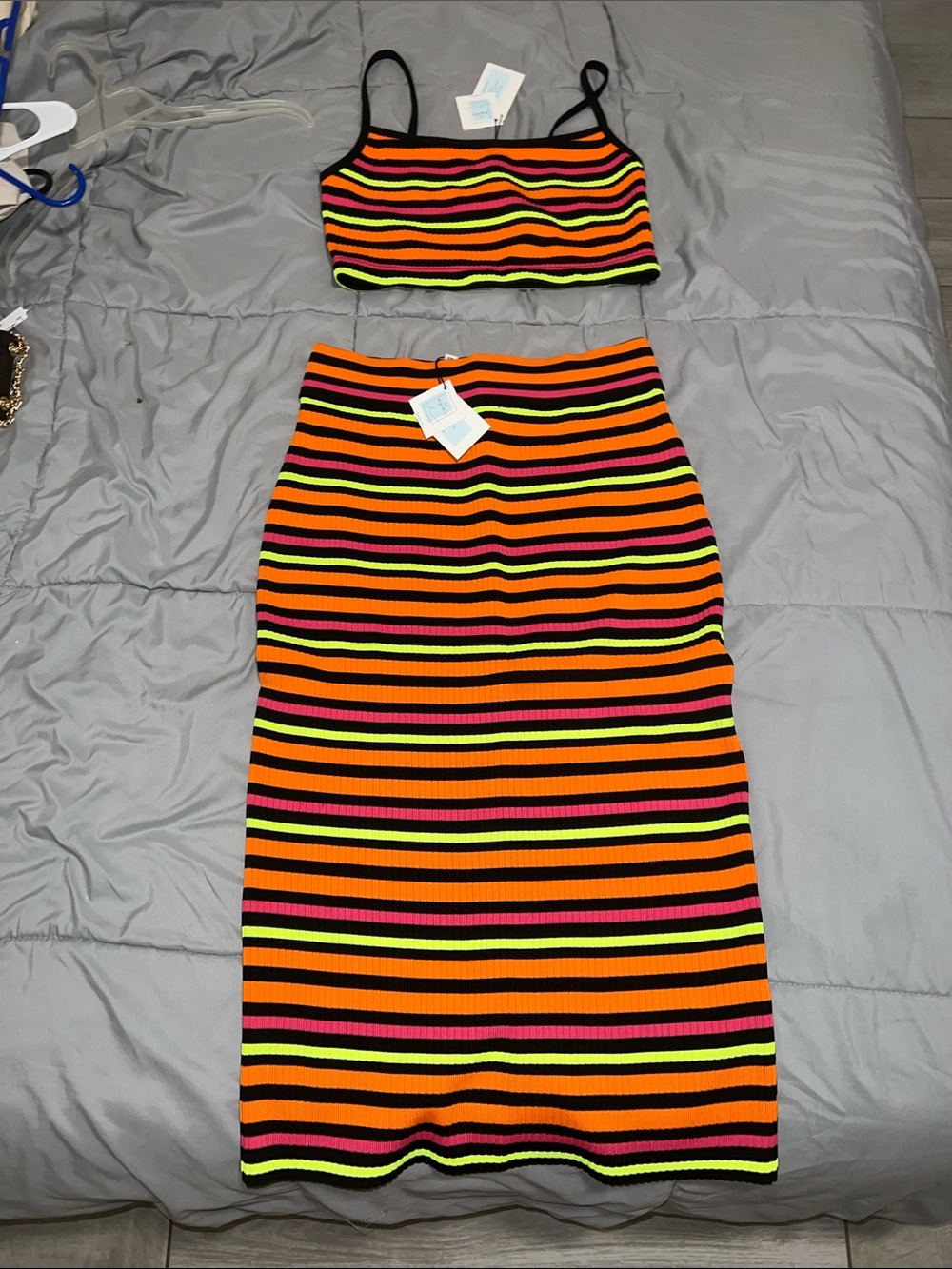 By Egreis Neon Striped Two-Piece Crop Top & Midi Skirt Set